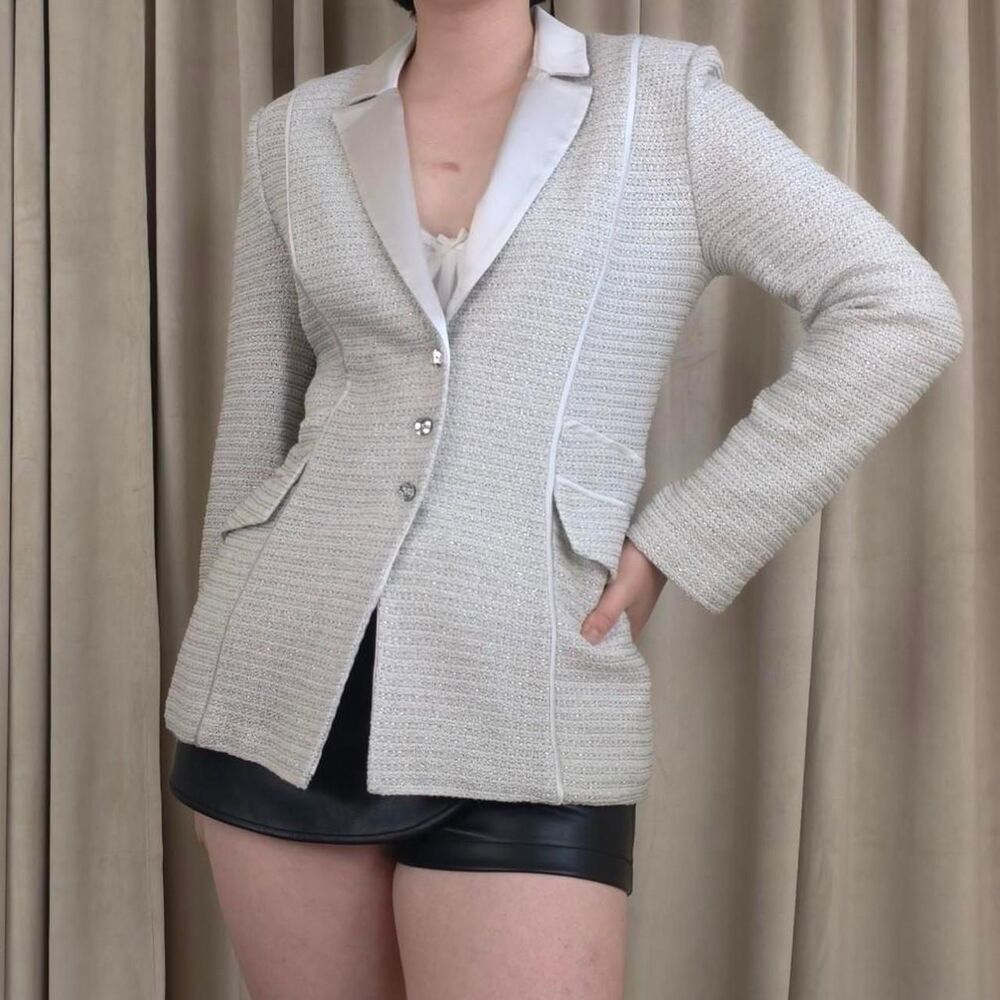 St. John Evening Silver Grey Knit Blazer Tailored Jacket